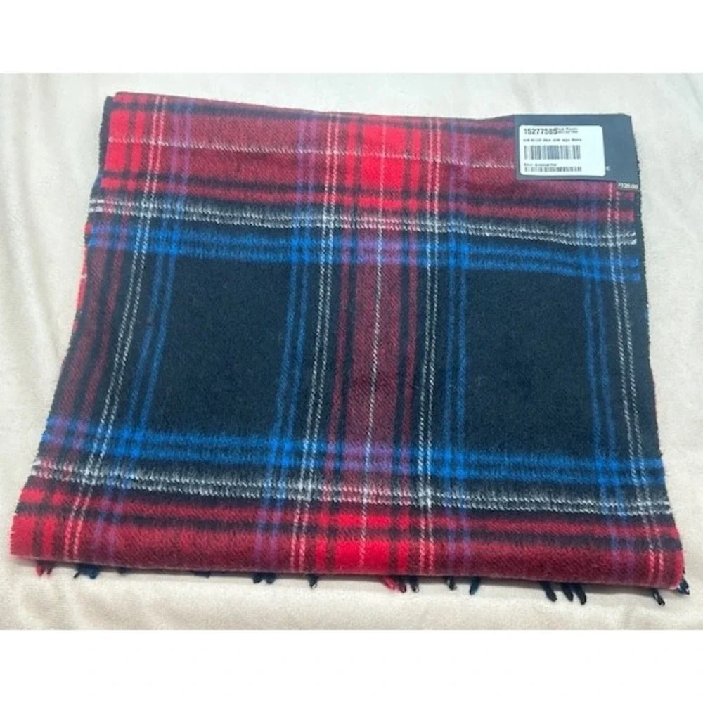Club Room Mens Blue & Red 100% Cashmere Plaid Scarf Soft Warm Fringe 64 x 12 NWT